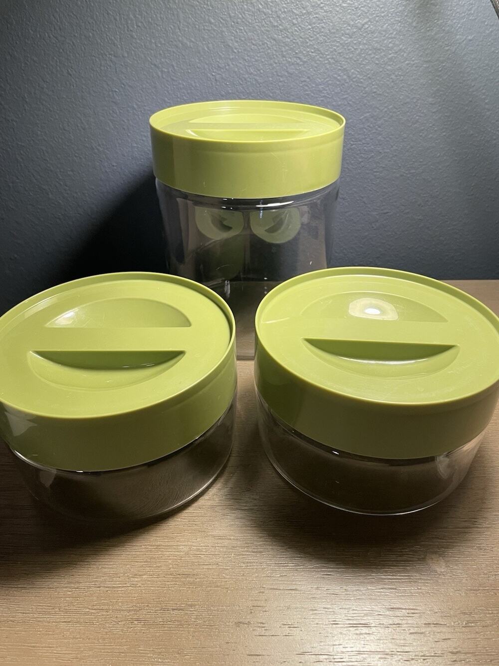 SET OF 3 Vintage Avocado Green Pyrex Glass Canister Containers w/ Lid Storage